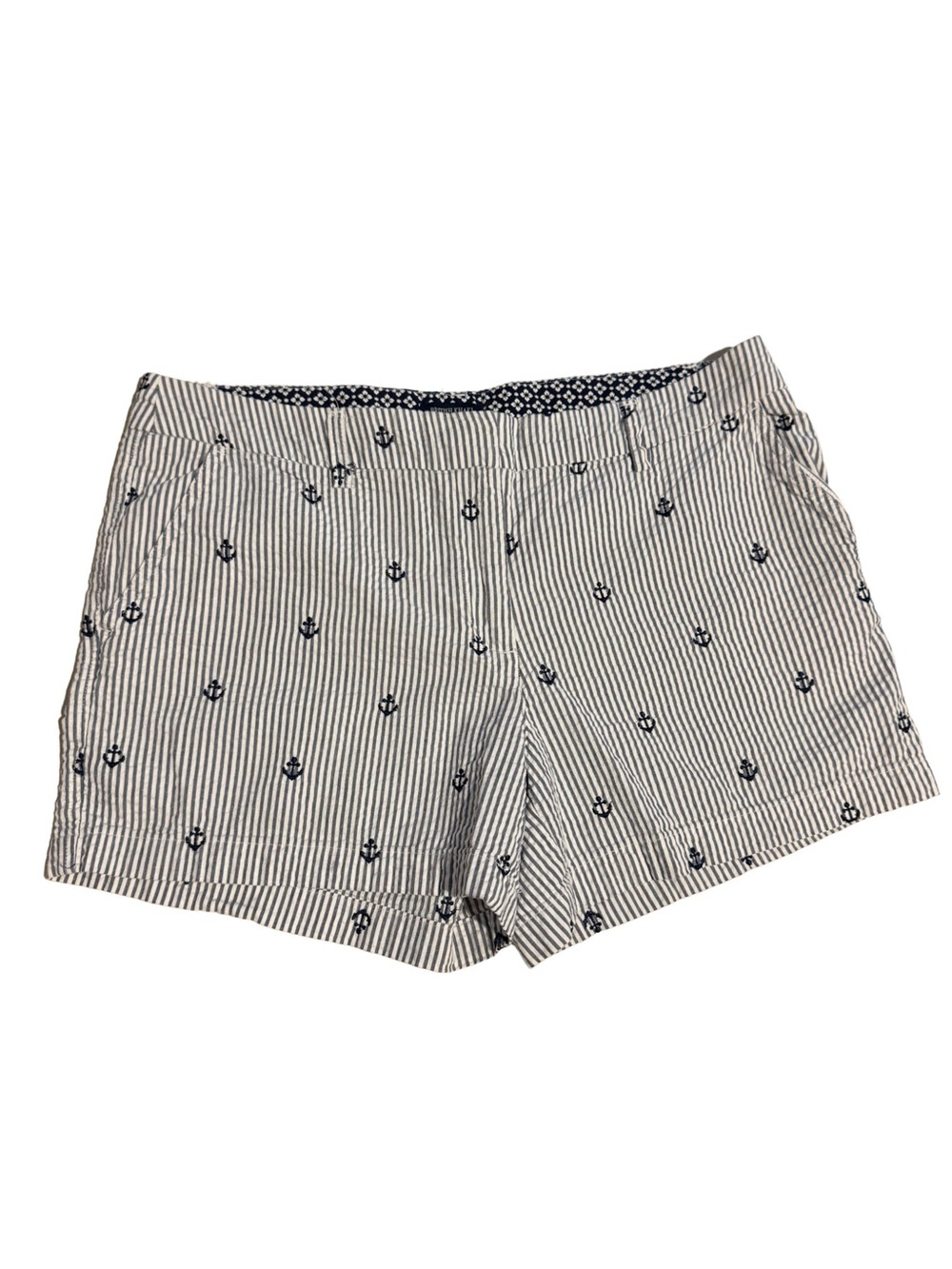 British Khaki Navy and White Anchor-Print Seersucker Shorts